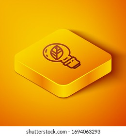 Isometric line Light bulb with leaf icon isolated on orange background. Eco energy concept. Alternative energy concept. Yellow square button. Vector Illustration