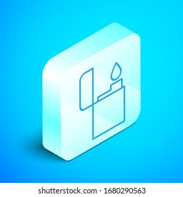Isometric line Lighter icon isolated on blue background. Silver square button. Vector Illustration