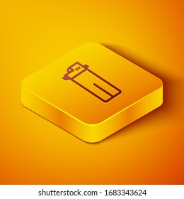 Isometric line Lighter icono aislado en fondo anaranjado. Botón cuadrado amarillo. Ilustración vectorial