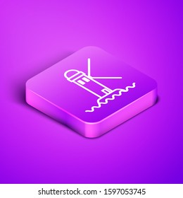 Isometric line Lighthouse icon isolated on purple background. Purple square button. Vector Illustration