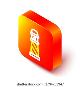 Isometric line Lighthouse icon isolated on white background. Orange square button. Vector Illustration