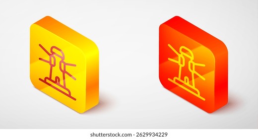 Isometric line Lighthouse icon isolated on grey background. Yellow and orange square button. Vector