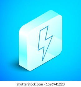 Isometric line Lightning bolt icon isolated on blue background. Flash sign. Charge flash icon. Thunder bolt. Lighting strike. Silver square button. Vector Illustration