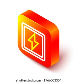 Isometric line Lightning bolt icon aislado en el fondo blanco. Signo de flash. Icono de flash de carga. Tornillo de trueno. Ataque de iluminación. Botón cuadrado naranja. Ilustración vectorial