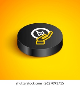 Isometric line Lightning bolt icon isolated on yellow background. Flash sign. Charge flash icon. Thunder bolt. Lighting strike. Black circle button. Vector