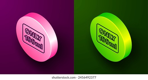 Isometric line Liquids in carry-on baggage icon isolated on purple and green background. Airport rules. Circle button. Vector