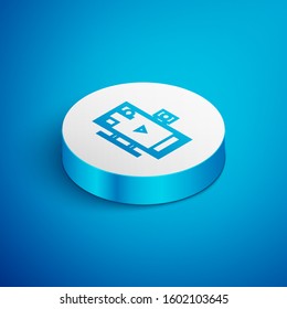 Isometric line Live streaming online video game play icon isolated on blue background. White circle button. Vector Illustration