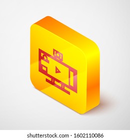 Isometric line Live streaming online videogame play icon isolated on grey background. Yellow square button. Vector Illustration