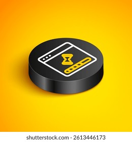Isometric line Loading a data window with a progress bar icon isolated on yellow background. Black circle button. Vector