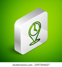 Isometric line Location with clock icon isolated on green background. Silver square button. Vector