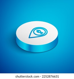 Isometric line Location fishing icon isolated on blue background. Fishing place. White circle button. Vector