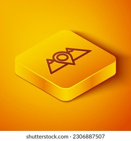 Línea isométrica Icono de montañas de ubicación aisladas en fondo naranja. Símbolo del concepto de victoria o éxito. Botón cuadrado amarillo. Vector