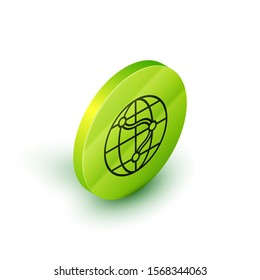 Isometric line Location on the globe icon isolated on white background. World or Earth sign. Green circle button. Vector Illustration