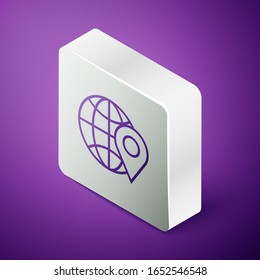 Isometric line Location on the globe icon isolated on purple background. World or Earth sign. Silver square button. Vector Illustration