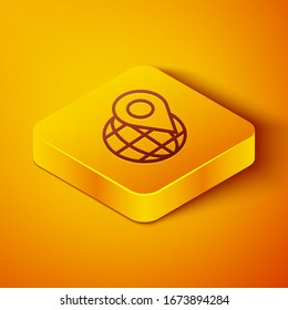 Isometric line Location on the globe icon isolated on orange background. World or Earth sign. Yellow square button. Vector Illustration