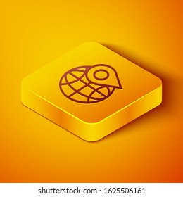 Isometric line Location on the globe icon isolated on orange background. World or Earth sign. Yellow square button. Vector Illustration