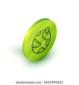 Isometric line Location on the globe icon isolated on white background. World or Earth sign. Green circle button. Vector