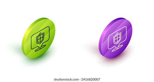 Isometric line Location shield icono aislado en fondo blanco. Concepto de seguro. Signo de guardia. Seguridad, seguridad, protección, concepto de privacidad. Botones de círculo verde y violeta. Vector