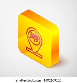 Isometric line Location and tree icon isolated on grey background. Yellow square button. Vector Illustration
