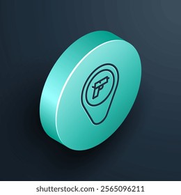 Isometric line Location with weapon icon isolated on black background. Turquoise circle button. Vector