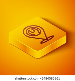 Isometric line Location with wrench spanner icon isolated on orange background. Adjusting, service, setting, maintenance, repair, fixing. Yellow square button. Vector Illustration