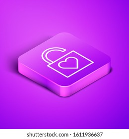Isometric line Lock and heart icon isolated on purple background. Locked Heart. Love symbol and keyhole sign. Valentines day symbol. Purple square button. Vector Illustration