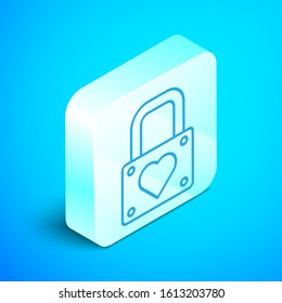 Isometric line Lock and heart icon isolated on blue background. Locked Heart. Love symbol and keyhole sign. Valentines day symbol. Silver square button. Vector Illustration
