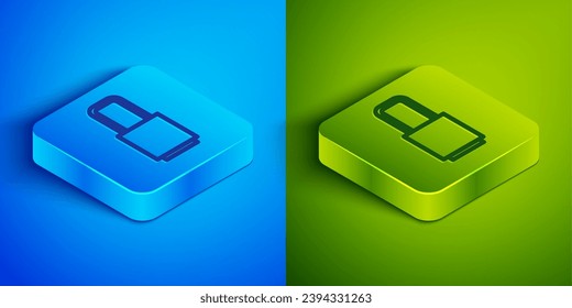 Isometric line Lock icon isolated on blue and green background. Padlock sign. Security, safety, protection, privacy concept. Square button. Vector Illustration