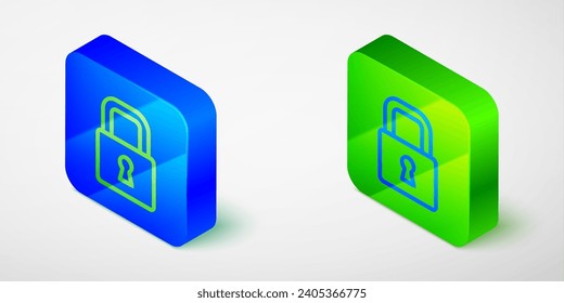 Isometric line Lock icon aislado en fondo gris. Señal de bloqueo. Seguridad, seguridad, protección, concepto de privacidad. Botón cuadrado azul y verde. Vector