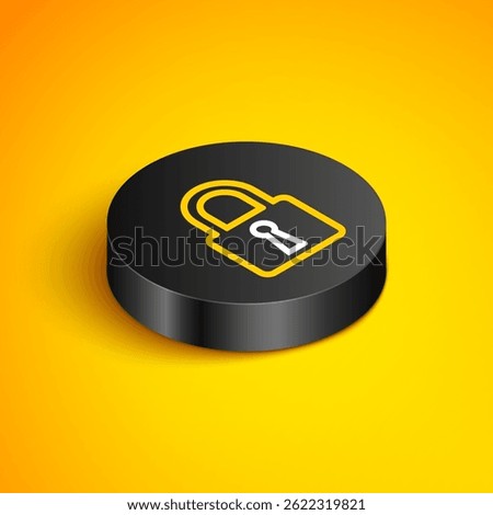 Isometric line Lock icon isolated on yellow background. Closed padlock sign. Cyber security concept. Digital data protection. Safety safety. Black circle button. Vector