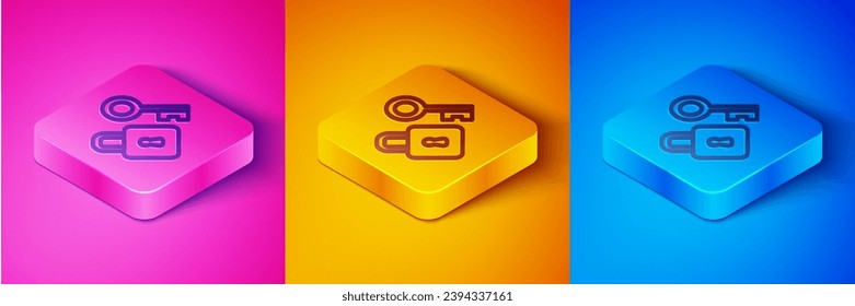 Línea isométrica Bloquear con un icono de clave aislado en color rosa y naranja, azul. Símbolo de amor y signo de ojo de cerradura. Botón cuadrado. Vector