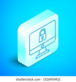 Isometric line Lock on computer monitor screen icon isolated on blue background. Security, safety, protection concept. Safe internetwork. Silver square button. Vector Illustration