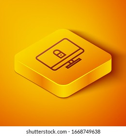Isometric line Lock on computer monitor screen icon isolated on orange background. Security, safety, protection concept. Safe internetwork. Yellow square button. Vector Illustration