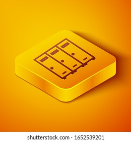 Isometric line Locker or changing room for hockey, football, basketball team or workers icon isolated on orange background. Yellow square button. Vector Illustration