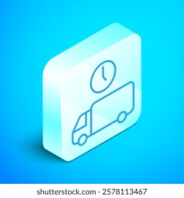 Isometric line Logistics delivery truck and time icon isolated on blue background. Delivery time icon. Silver square button. Vector