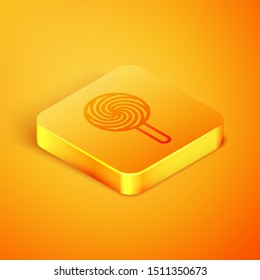 Isometric line Lollipop icon isolated on orange background. Food, delicious symbol. Orange square button. Vector Illustration