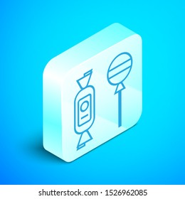 Isometric line Lollipop icon isolated on blue background. Candy sign. Food, delicious symbol. Silver square button. Vector Illustration
