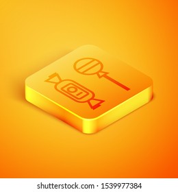 Isometric line Lollipop icon isolated on orange background. Candy sign. Food, delicious symbol. Orange square button. Vector Illustration