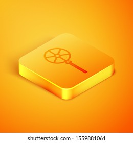 Isometric line Lollipop icon isolated on orange background. Food, delicious symbol. Orange square button. Vector Illustration