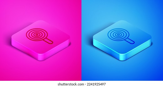 Isometric line Lollipop icon isolated on pink and blue background. Candy sign. Food, delicious symbol. Square button. Vector