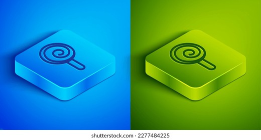 Isometric line Lollipop icon isolated on blue and green background. Candy sign. Food, delicious symbol. Square button. Vector