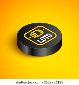Isometric line Lottery ticket icon isolated on yellow background. Bingo, lotto, cash prizes. Financial success, prosperity, victory, winnings luck. Black circle button. Vector