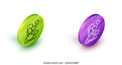 Isometric line Love yourself icon isolated on white background. Self love. Self care and happiness. Green and purple circle buttons. Vector