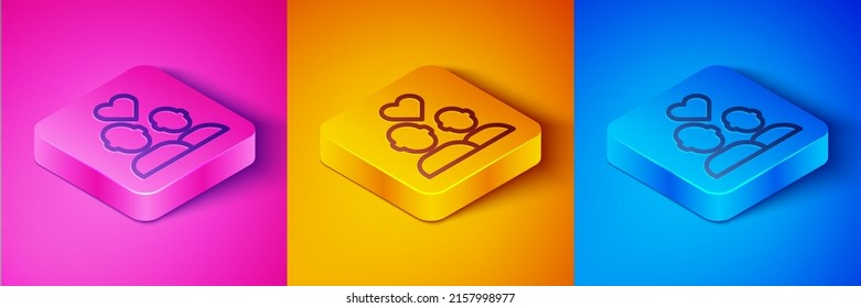 Isometric line Lover couple icon isolated on pink and orange, blue background. Happy Valentines day. Square button. Vector