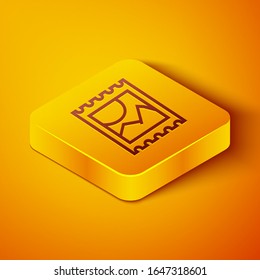 Isometric line LSD acid mark icon isolated on orange background. Acid narcotic. Postmark. Postage stamp. Health danger. Yellow square button. Vector Illustration