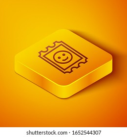 Isometrische Linie LSD-Säuremarkensymbol einzeln auf orangefarbenem Hintergrund. saurer Suchtstoff. Poststempel. Briefmarke. Gesundheitsgefahr. Gelber Quadrat-Knopf. Vektorillustration-Illustration