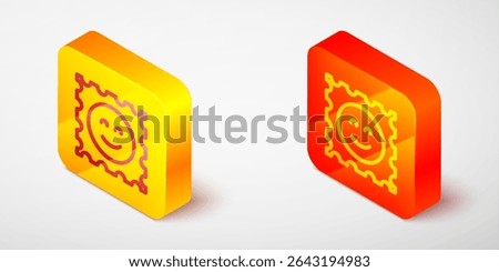 Isometric line LSD acid mark icon isolated on grey background. Acid narcotic. Postmark. Postage stamp. Health danger. Yellow and orange square button. Vector