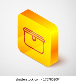 Línea isométrica Icono de la caja de almuerzo aislado en fondo gris. Botón cuadrado amarillo. Ilustración vectorial
