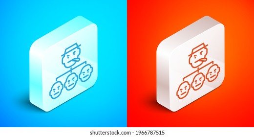 Línea isométrica Icono de la Mafia aislado en fondo azul y rojo. Jefe y gángsters. Botón cuadrado plateado. Vector