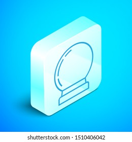 Isometric line Magic ball icon isolated on blue background. Crystal ball. Silver square button. Vector Illustration